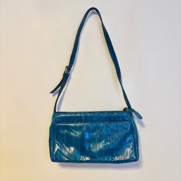 Lee Sands Eel Skin Zip Closure Shoulder Hand Bag Purse Turquoise Blue 11” x 6.5” - Picture 1 of 4
